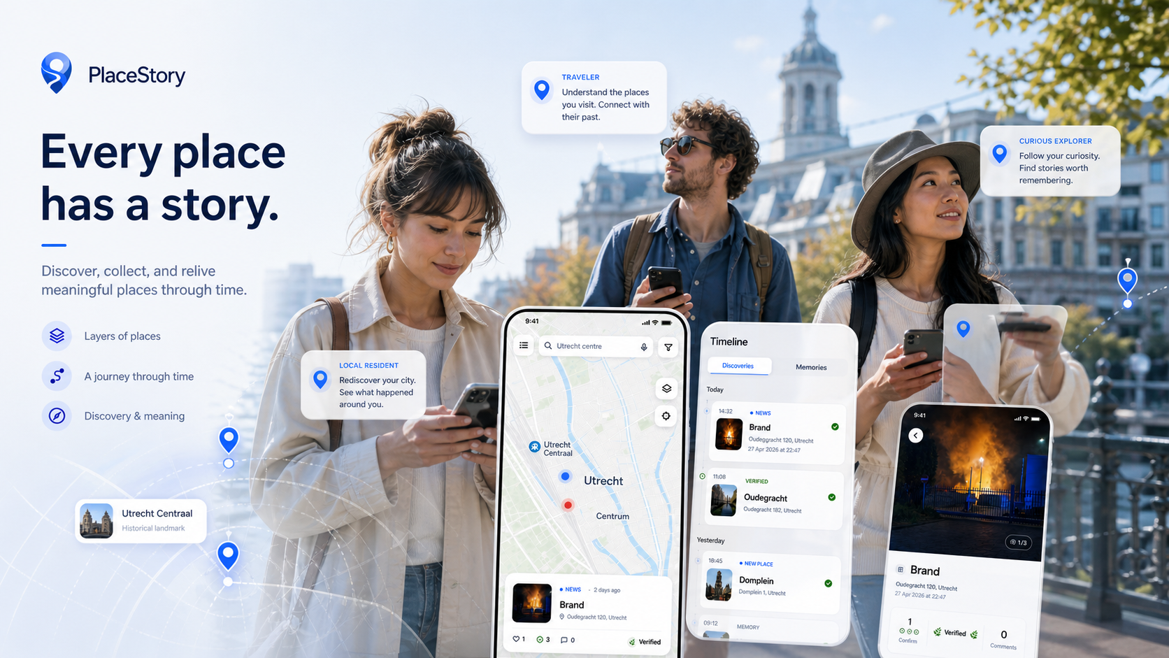 People in a city using PlaceStory with floating map cards