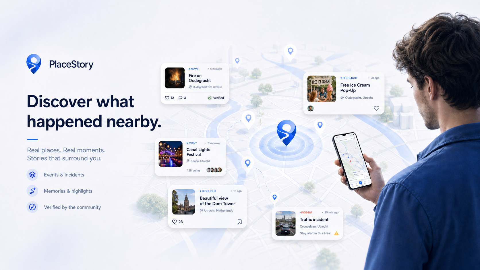App user looking at floating cards showing nearby reports