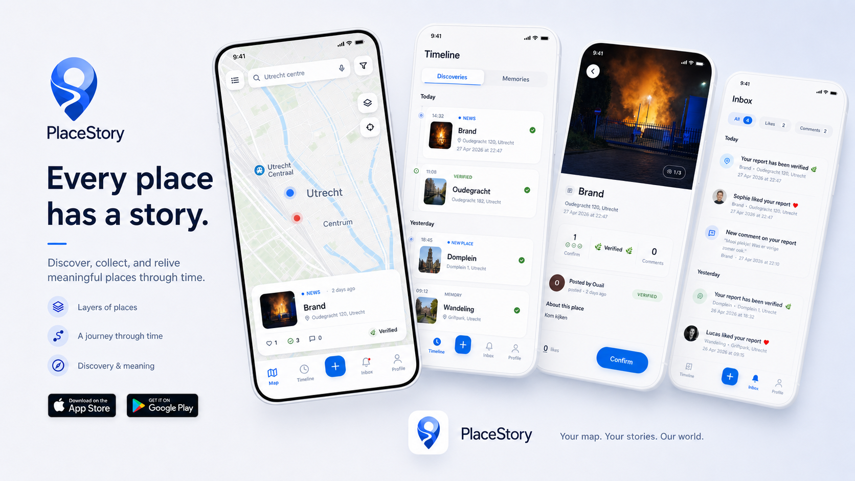 PlaceStory app shown on iPhone with map, timeline, and detail screens